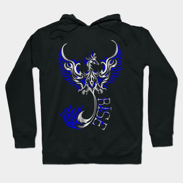 Rise up like a Phoenix from the ashes. Silver and Blue Phoenix in a Tribal / Tattoo Art style Hoodie by Designs by Darrin